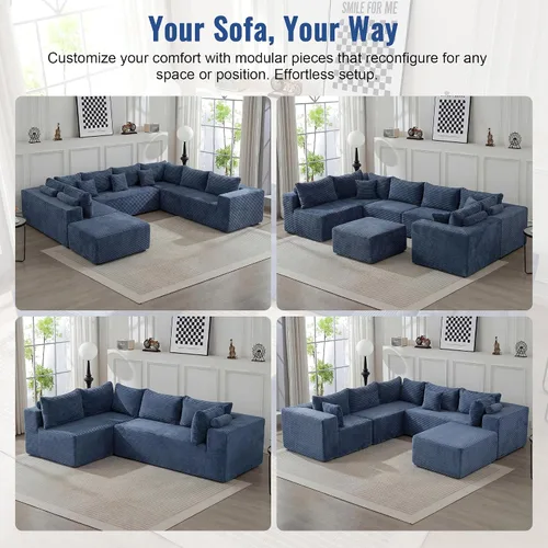 Vista 6 de Sofá modular modular con otomana, sofá modular de 5 plazas, sofá tipo nube con tela de pana, no requiere montaje para sala de estar grande
