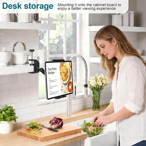 Vista 2 de Soporte para tablet debajo del gabinete, soporte para tableta de cocina, soporte para iPad para escritorio/mesa/tabla/silla, compatible