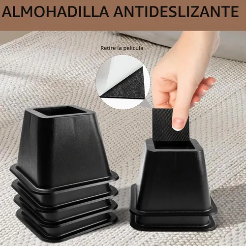 Vista 4 de Paquete de 6 elevadores para muebles de cama, de plástico de calidad de 4 pulgadas, patas de cama negras apilables para sofá, silla, gabinete
