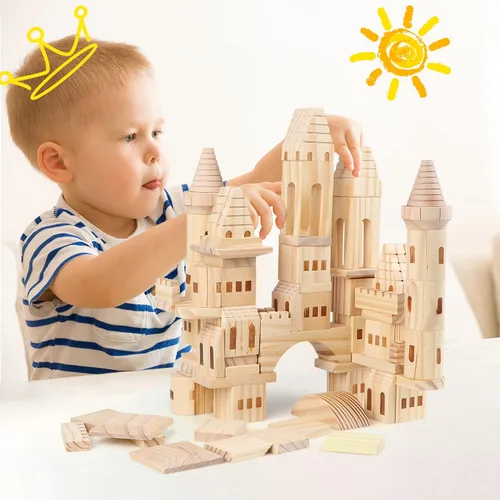 Vista 6 de 75 piezas de bloques de castillo de madera medievales caballeros princesas castillo de madera bloques de construcción para niños y niñas