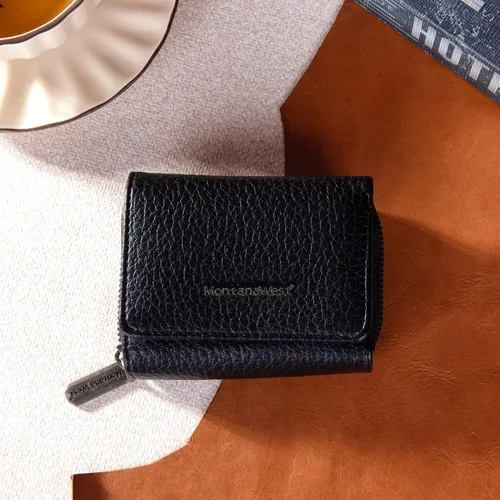 Vista 6 de Montana West Billetera pequeña para mujer, de piel auténtica, triple pliegue, tarjetero Rfid con cremallera y bolsillo para monedas, Un negro, Casual