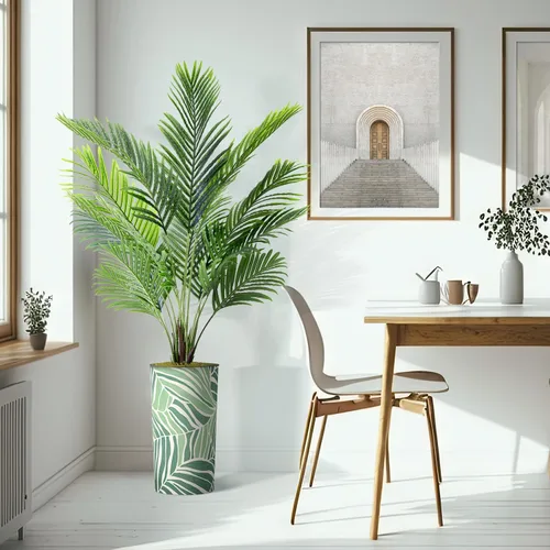 Vista 6 de Árbol artificial en macetero con diseño de hojas verdes, palmera tropical areca artificial de seda para decoración del hogar en interiores