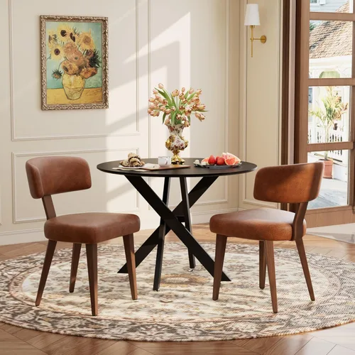Vista 12 de Juego de mesa de comedor de madera para 2, mesa de cocina redonda de 36 pulgadas con 2 sillas de comedor Boucle, mesa de MDF con patas de metal