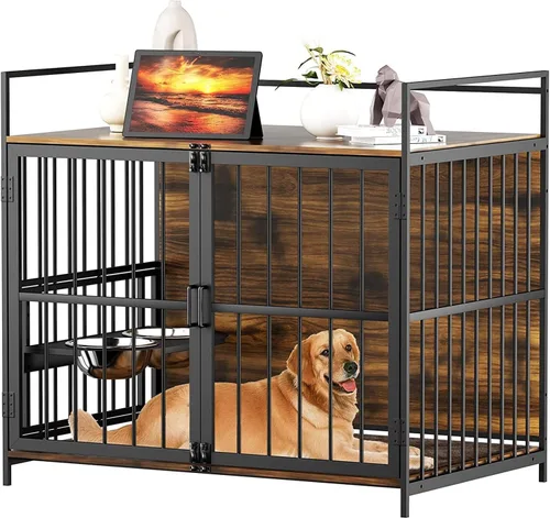 Vista 11 de ROOMTEC Jaula para Perros Estilo Mueble para Perros Grandes de Interior Super Resistente y Duradera con 2 Cuencos de Acero Inoxidable