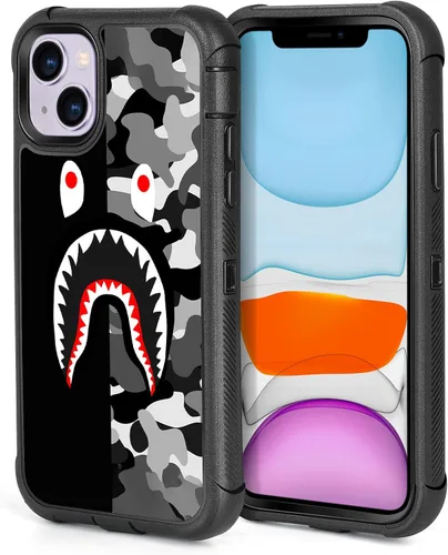 Vista 11 de Funda compatible con iPhone 13 y iPhone 14 de diseño de tiburón negro y rojo de moda urbana para hombres y niños, de 3 capas, resistente a