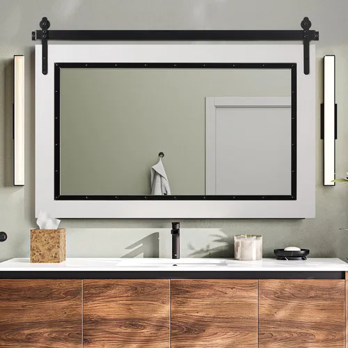 Vista 8 de Espejo de Puerta de Granero Estilo Granja, 32"x24" Espejo de Baño Rústico, Espejo de Pared con Marco de Madera, Espejo de Madera para Sala de Estar