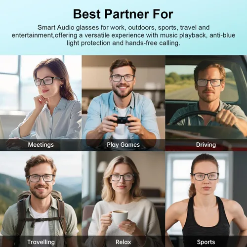 Vista 9 de GenXenon Lentes inteligentes para hombres y mujeres, lentes Bluetooth con bloqueo de luz azul con patillas extraíbles, diseño de orejas abiertas