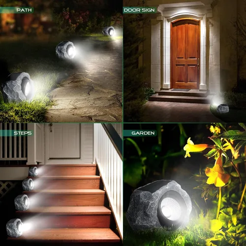 Vista 6 de Luces solares de roca para exteriores, foco de paisaje de roca sintética gris para patio Solar Landscape Lighting, Realistic Gray Rock Design