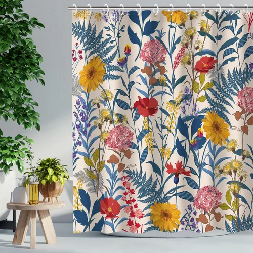 Vista 2 de RosieLily Cortinas de ducha, juego de cortinas de ducha florales con 12 ganchos, cortinas de ducha coloridas florales y hojas, decoración de baño