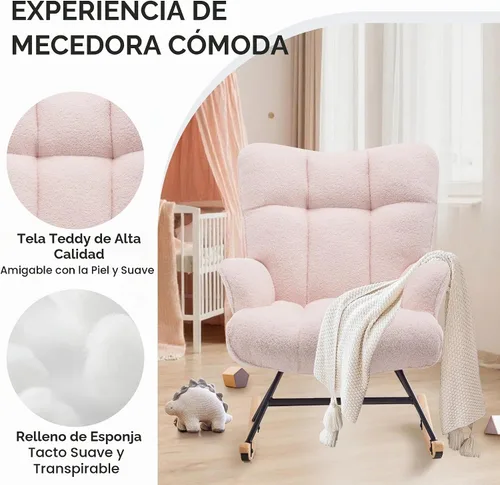 Vista 5 de Zedachica Mecedora de peluche rosa para guardería, tela de forro polar suave, ergonómica y ajustable, solo para uso en interiores Rosa bebé