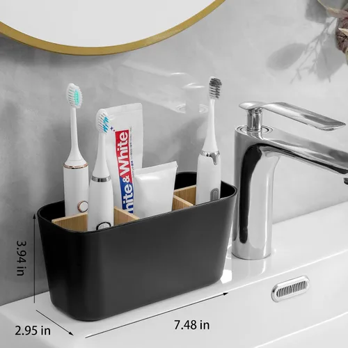 Vista 2 de Portacepillos de dientes para baños, soporte para cepillos de dientes de bambú con 5 ranuras, organizador de tocador de baño para encimera