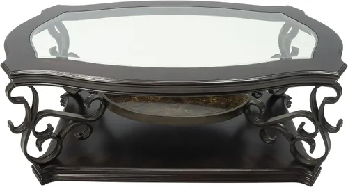 Vista 7 de SSLine Mesa auxiliar de madera vintage, elegante mesa de cóctel rectangular curvada con parte superior de vidrio templado y estante de mármol, mesas