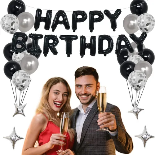 Vista 3 de Decoraciones de fiesta de cumpleaños color negro y plateado para niños y niñas, suministros de fiesta de cumpleaños número 14 con pancarta negra