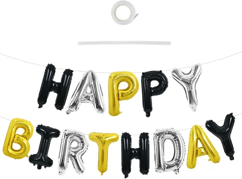Vista 19 de TONIFUL Pancarta de Globos Negros de Feliz Cumpleaños de 16 Pulgadas con Letras de Papel de Aluminio Mylar, Cartel Banderín Reutilizable