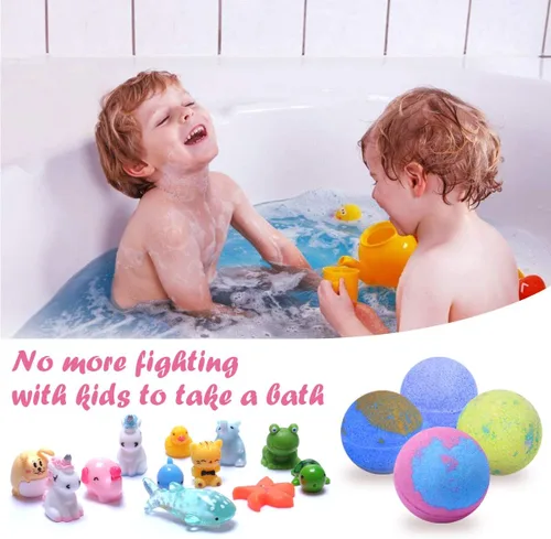 Vista 3 de Bombas de baño para niños con juguetes sorpresa interior – Paquete de 12 bombas de baño de burbujas para baño, aceite esencial vegano, bombas