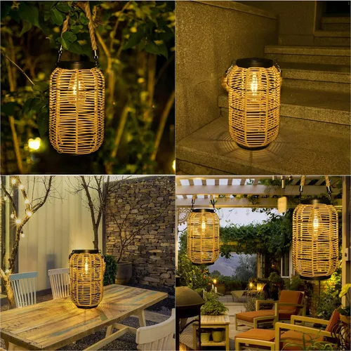 Vista 7 de Livinlarge Linterna Solar para Exterior Colgante, Gran Linterna Solar de Ratán para Exterior Impermeable con Mango de Cuerda, Linternas Brillantes