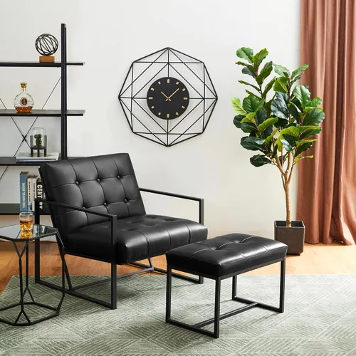 Vista 7 de Glitzhome Banco otomano, sillas modernas de piel sintética con marco de metal, taburete de maquillaje, taburete acolchado para sala de estar Negro