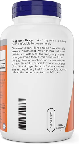 Vista 3 de Now L-Glutamina 500mg 300 cápsulas vegetales - Suplemento sin OMG - Cápsulas veganas de lglutamina