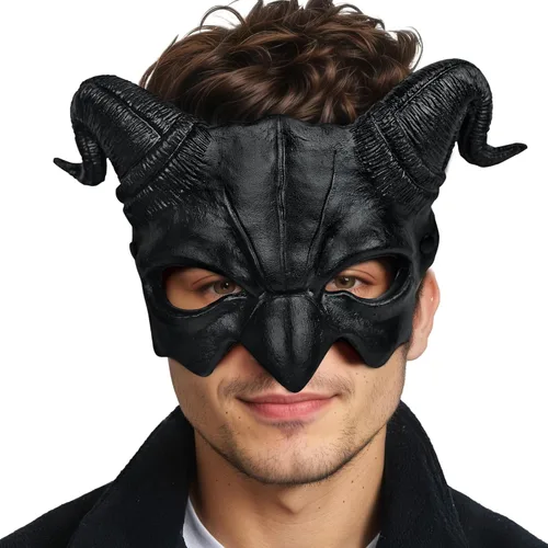 Vista 8 de VZQI Máscara de demonio de media cara de diablo para Halloween, cosplay, accesorios para adultos Rojo