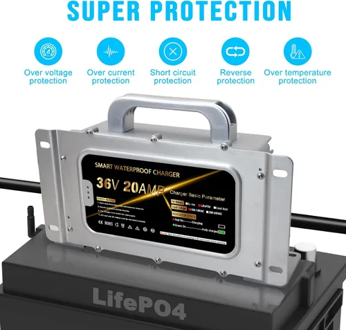 Vista 6 de Cargador de batería a bordo de litio de 43.8 V 20 A para batería LiFePO4 de 36 V (38.4 V) 12S, cargador inteligente impermeable IP67 para carrito