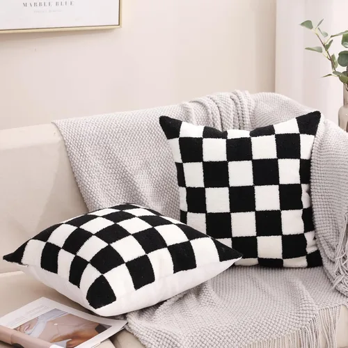 Vista 2 de Alysheer Fundas de almohada decorativas bordadas a cuadros 18"x 18", juego de 2, fundas de almohada de algodón con patrón tuftado de cuadros