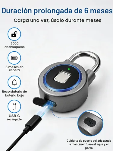 Vista 5 de Candado de huellas dactilares, bloqueo Bluetooth, aplicación móvil, candado inteligente con biometría sin llave, resistente al agua, adecuado