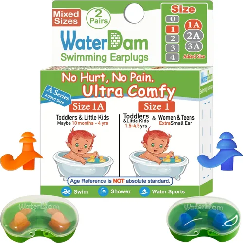 Vista 37 de WaterDam - Tapones de natación para los oídos, grandes, impermeables, ultra cómodos, para evitar el oído de nadador (talla 0: bebé 0-1 año (naranja))