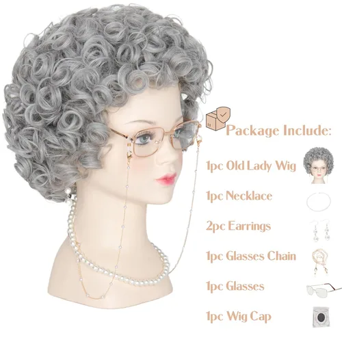Vista 2 de M MISS U HAIR Disfraz de anciana para niños y niñas, para 100 días de escuela y abuela, peluca corta y rizada gris para Halloween