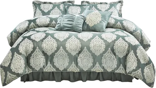 Vista 3 de Sterling Creek Trinity - Juego de edredón de lujo de 7 piezas, edredón tradicional de medallón jacquard gris y verde con cojines decorativos