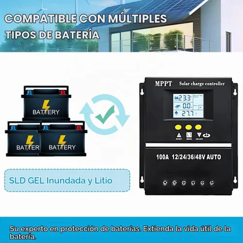 Vista 4 de Controlador de carga solar MPPT de 60 A 12 V 24 V 36 V 48 V Pantalla LCD Regulador inteligente de batería Entrada máxima de 100 V USB dual