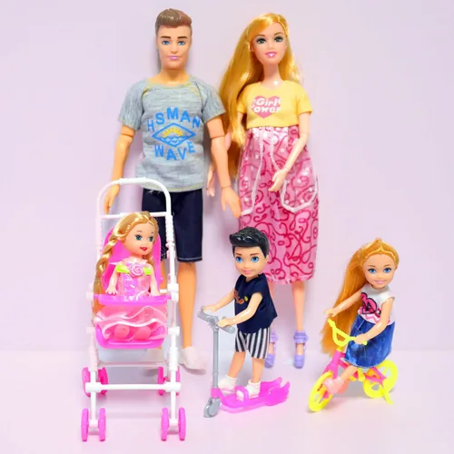 Vista 6 de UCanaan Juego de 6 muñecas familiares con papá, mamá embarazada, 3 niños y bebé en la barriga de mamá y 70 accesorios para educación y regalo