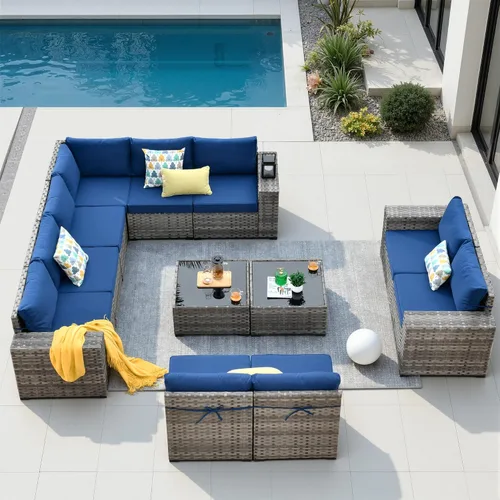 Vista 17 de Juego de muebles de patio de 6 piezas, sofá modular de mimbre para exteriores con mesa auxiliar, cómodos cojines, moderno sofá modular de ratán