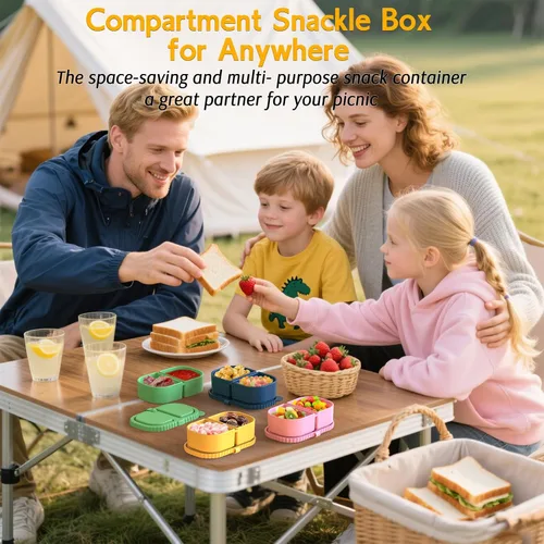 Vista 6 de ICEROYCE Paquete de 4 Recipientes de Silicona para Aperitivos con Tapas, Recipientes de Aperitivos de Doble Compartimento para Salsa, Caja