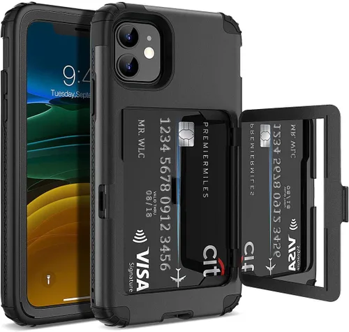 Vista 8 de WeLoveCase para iPhone 11 Estuche tipo billetera Defender con portatarjetas, cubierta con espejo oculto, tres capas, a prueba de golpes, protección