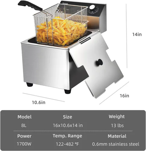 Vista 5 de Freidora Profunda con Cesta, 1700w 14Qt Tanque de Aceite/ 6.7Qt Cesta, Freidora Eléctrica de Encimera de Acero Inoxidable Endurecido de 0.6mm