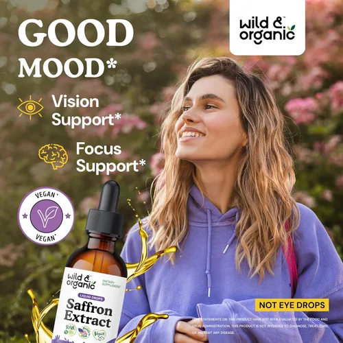 Vista 2 de Wild & Organic Suplementos de azafrán 88.5 mg – Gotas de azafrán para el estado de ánimo, cerebro, apoyo de la visión – Extracto líquido de Crocus