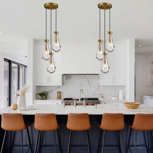Vista 6 de Lámpara colgante de latón de 3 luces para isla de cocina, lámpara colgante de racimo de lluvia, lámpara de techo de cristal con cuerda ajustable