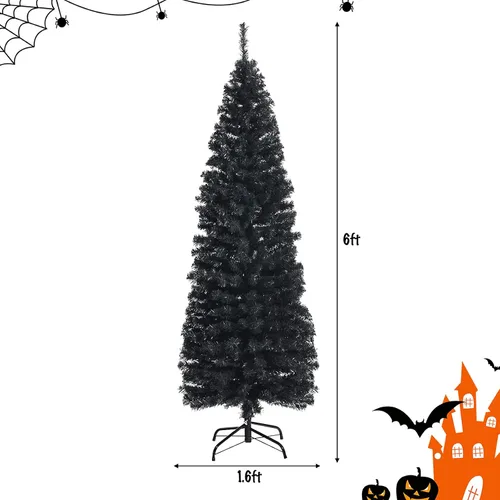 Vista 6 de Árbol de Navidad negro de 6 pies, árbol de lápiz delgado con 520 puntas de rama, hojas de PVC de calidad, soporte de metal plegable, árbol