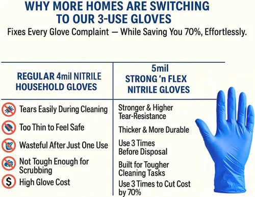 Vista 3 de STRONG 'n FLEX Guantes desechables de nitrilo de 3 mil de 5 mil – Reutilización 3x, ahorra 70%, resistente a desgarros, sin látex, hogar y alimentos