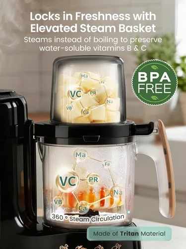 Vista 3 de Grownsy Fabricante y procesador de alimentos para bebés con cesta de vapor Negro y dorado