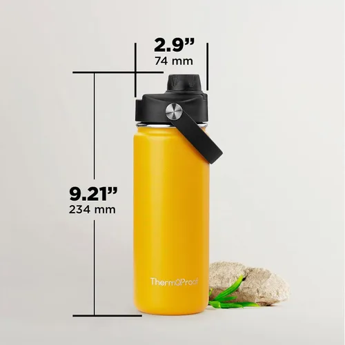 Vista 3 de Botella de agua aislante ThermoProof – Acero inoxidable, boca ancha, tapas abatibles y con boquilla, a prueba de fugas, apta para lavavajillas Ámbar