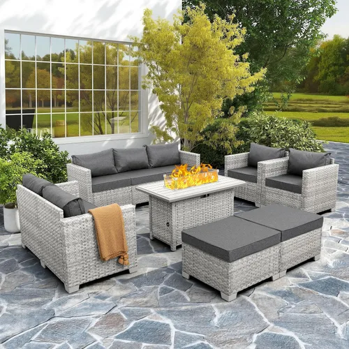 Vista 10 de WAROOM Juego de muebles de patio de 7 piezas de mimbre gris para exteriores, sofá seccional de ratán de polietileno con mesa de centro