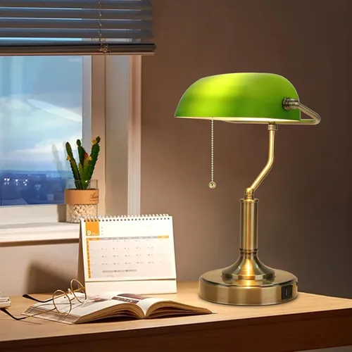 Vista 7 de LINNMON Bankers - Lámpara de escritorio verde con interruptor de cadena de tracción, lámpara retro con puertos de carga USB y tipo C, lámpara