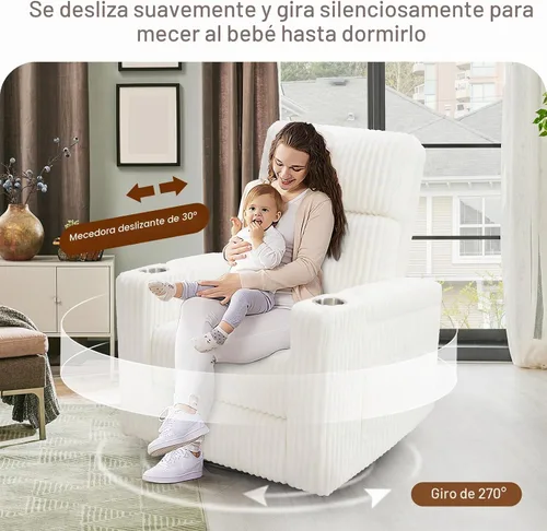 Vista 4 de ABCASA Mecedora reclinable eléctrica para guardería, planeador giratorio Pana-blanco