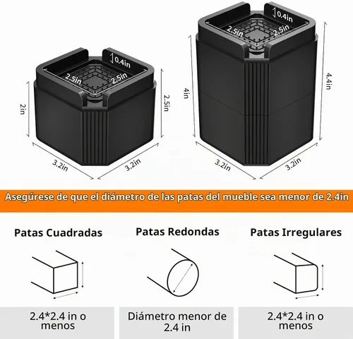Vista 3 de Paquete de 4 elevadores de muebles ajustables de 2 pulgadas Negro-4 Pack