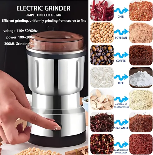 Vista 6 de Molinillo de café eléctrico, molinillo de grano de café multifuncional, cuchillas de acero inoxidable 18/10 de grado alimenticio, diseño ligero