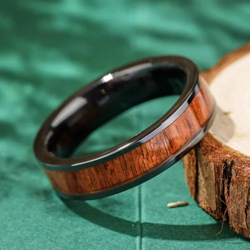 Vista 2 de THREE KEYS JEWELRY 6,8mm BlackWhite Ceramic Wedding Ring with Real Koa Wood Inlay Flat Top Wedding Band Engagement Ring Comfort Fit Size 4-16