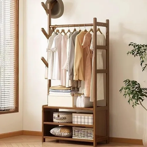 Vista 15 de Perchero de madera para colgar ropa con estantes de almacenamiento para entrada, pasillo, sala de estar