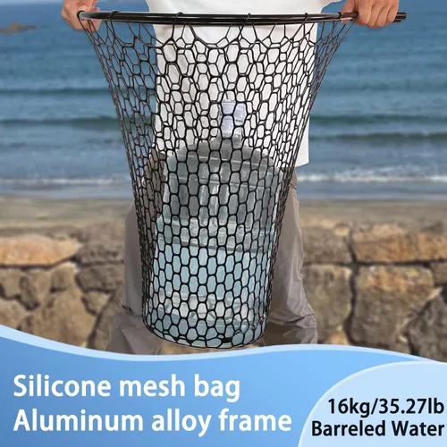 Vista 7 de Red de pesca de goma telescópica de metal con mango Longitud: 59 "Profundidad: 19.7 "Aro: 26 "x18" Muelle de red de aterrizaje de peces de silicona