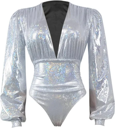 Vista 5 de Body para mujer conjunto de body sexy con estampado reflectante de manga larga sólido halter plateado L